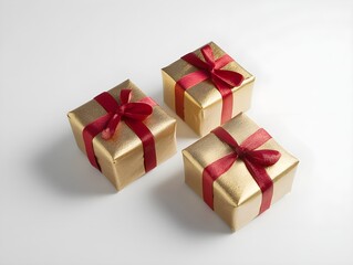 Obraz premium Golden Gifts and Gift Boxes with Red Ribbon Wrapping, Elegant Holiday or Celebration Presents with Festive Wrapping and Ribbon Accents