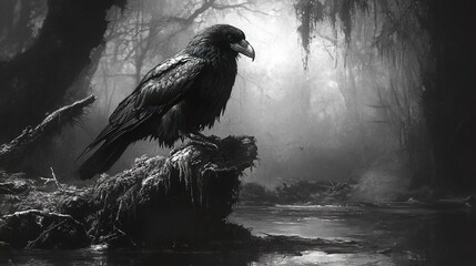 Raven Perched on a Branch in a Dark and Misty Forest