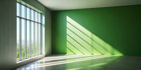 Obraz premium A Room with a Green Wall, Sunbeams Streaking Through a Large Window, and a Concrete Floor