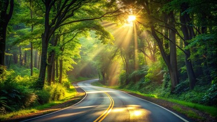 A winding road through a verdant forest, bathed in the warm glow of a sunlit morning, the golden rays illuminating the path ahead