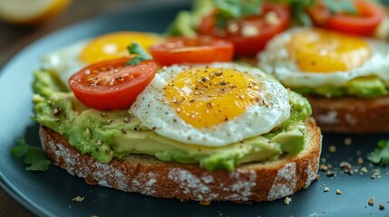 Avocado Toast with Fried Egg, Tomatoes, and Spices