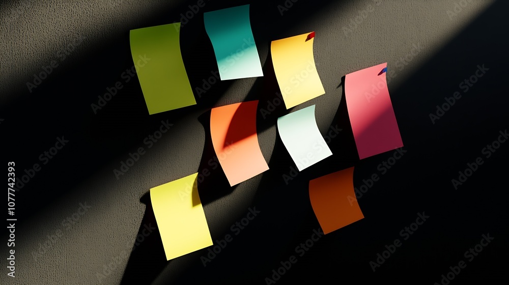 Poster Vibrant Sticky Notes Hanging in Subtle Light with Creative Pattern on a Dark Wall Surface : Generative AI
