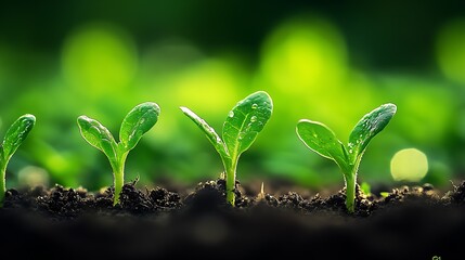Four Fresh Green Seedlings In Row Emerging From Rich Soil With Dew Drops : Generative AI