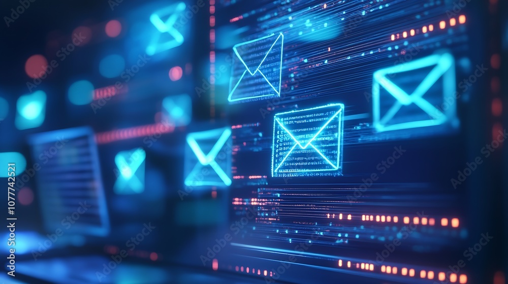 Poster Futuristic Digital Communication Interface with Glowing Email Icons and High-Tech Features : Generative AI