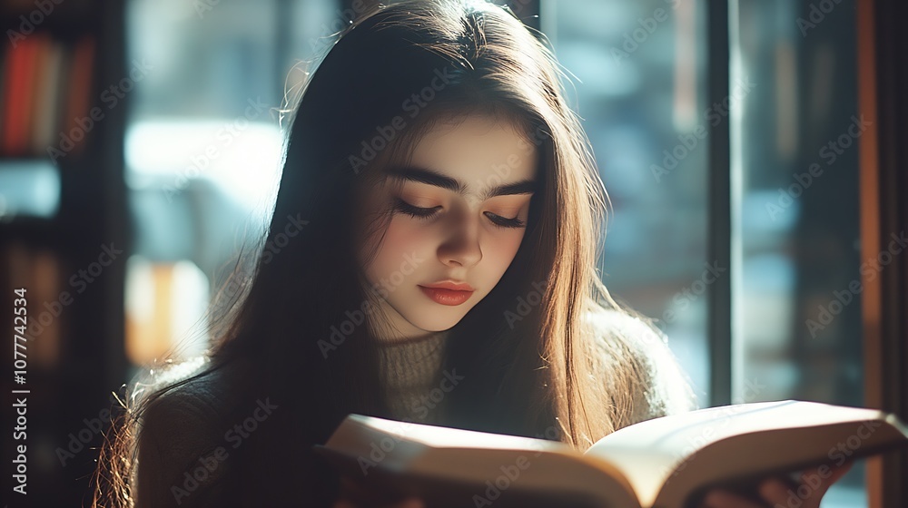Poster Serene Young Woman Deeply Engrossed in Reading a Book by the Window with Soft Natural Light : Generative AI