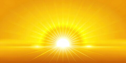 Bright yellow background with a stylized image of a sun rising above the horizon, sunny day, clouds, natural light