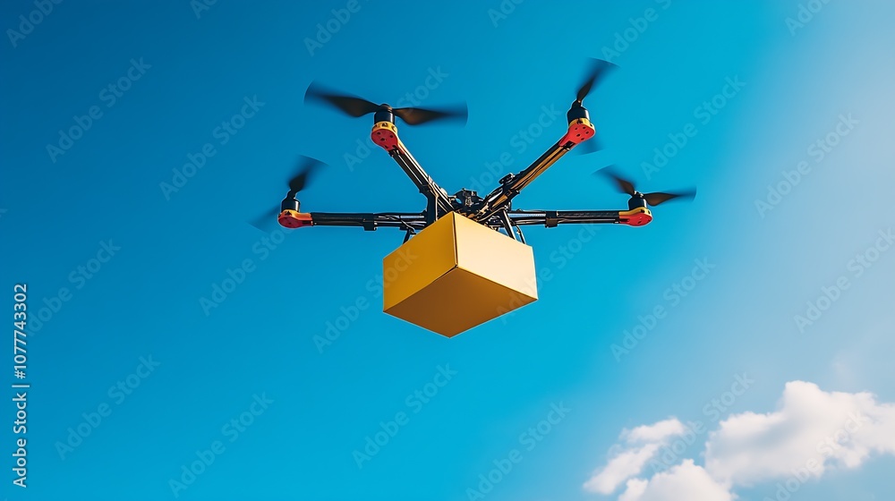 Poster innovative drone with a package flying high in a bright blue sky showcasing modern delivery solution