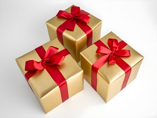 Obraz premium Golden Gifts and Gift Boxes with Red Ribbon Wrapping, Elegant Holiday or Celebration Presents with Festive Wrapping and Ribbon Accents