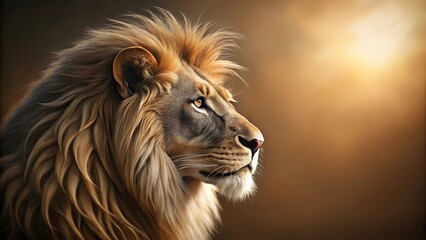 Naklejka premium A Majestic Lion's Profile Against a Warm Golden Background, Displaying Its Striking Features and a Deep, Contemplative Gaze