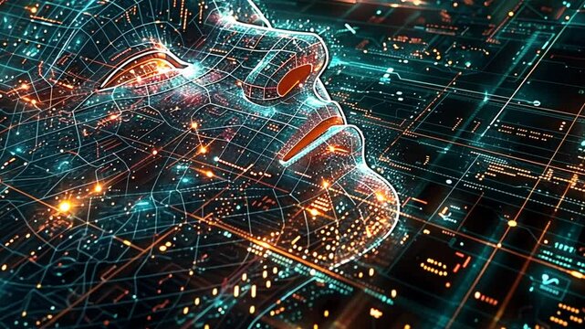 This artwork features a humanoid face composed of glowing lines and circuits, set against a dark background filled with vibrant data patterns and neon lights