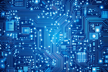 Futuristic vector illustration of a blue circuit board with intricate digital tech elements, perfect for advanced technology backgrounds.	
