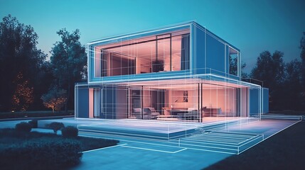Futuristic house with glowing digital blueprint nestled in a serene neighborhood : Generative AI