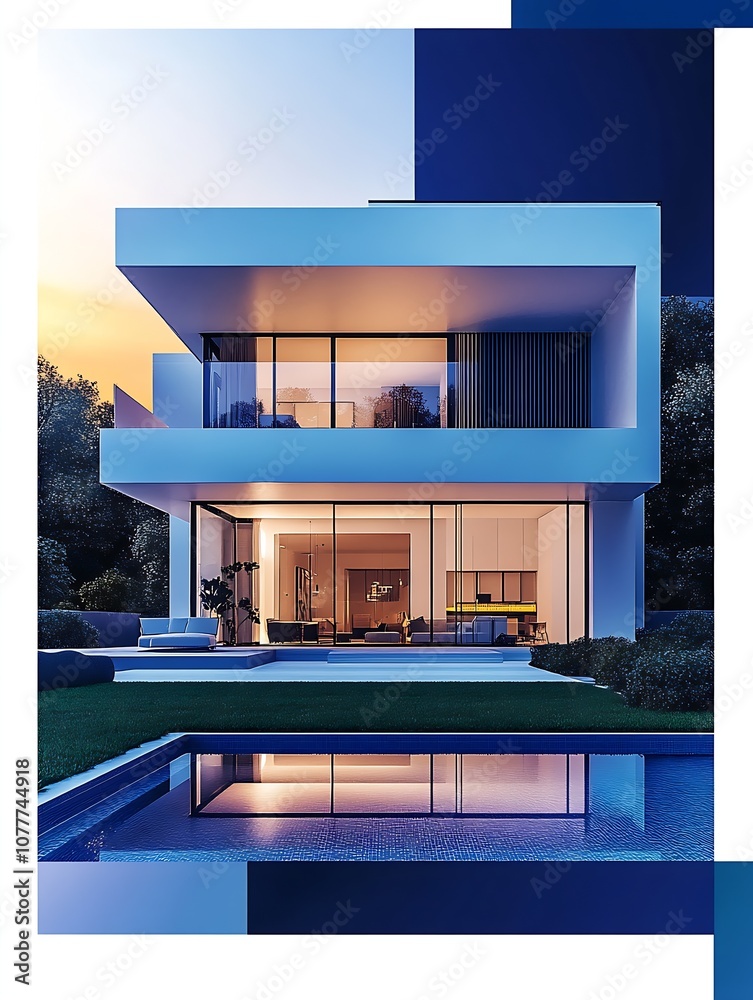 Poster contemporary minimalist house with floor to ceiling windows overlooking modern pool : generative ai