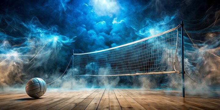 A volleyball net stands tall against a backdrop of ethereal smoke, casting a mysterious glow on the wooden court below.