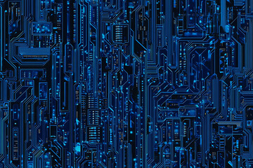 Futuristic vector illustration of a blue circuit board with intricate digital tech elements, perfect for advanced technology backgrounds.	

