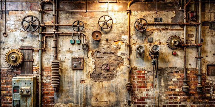 A weathered industrial wall adorned with a medley of cogs, gears, pipes, and switches, whispering tales of a forgotten era of manufacturing.