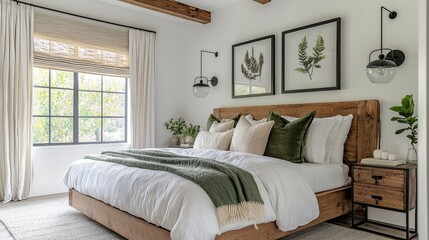 Modern Farmhouse Master Bedroom Design with White Walls, Sage Green Accents, Natural Linen Roman Blinds, Black Pendant Lights, and Nature-Inspired Art for a Cozy and Inviting Atmosphere