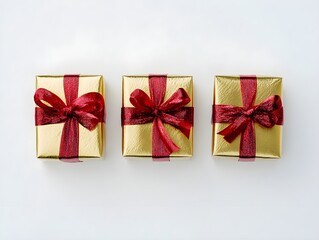 Fototapeta premium Golden Gifts and Gift Boxes with Red Ribbon Wrapping, Elegant Holiday or Celebration Presents with Festive Wrapping and Ribbon Accents