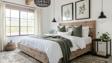 Modern Farmhouse Master Bedroom Design with White Walls, Sage Green Accents, Natural Linen Roman Blinds, Black Pendant Lights, and Nature-Inspired Art for a Cozy and Inviting Atmosphere
