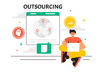 Outsourcing Business Vector Illustration featuring of the Teamwork, Company Growth, Investment, and Project Delegation, displayed in a Background