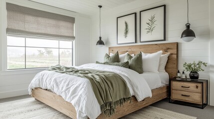 Modern Farmhouse Master Bedroom Design with White Walls, Sage Green Accents, Natural Linen Roman Blinds, Black Pendant Lights, and Nature-Inspired Art for a Cozy and Inviting Atmosphere