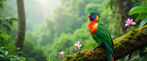 Colorful parrot perches on mossy branch in lush tropical forest