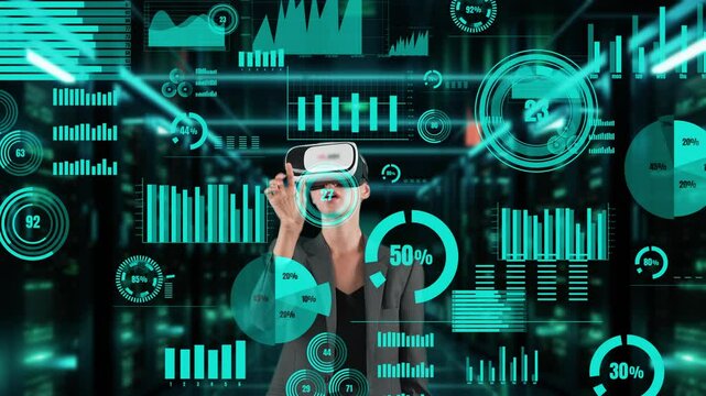Businesswoman data searching dynamic market data scatter graph analysis monitor by VR future global innovation interface digital infographic network technology visual hologram animation. Contraption.