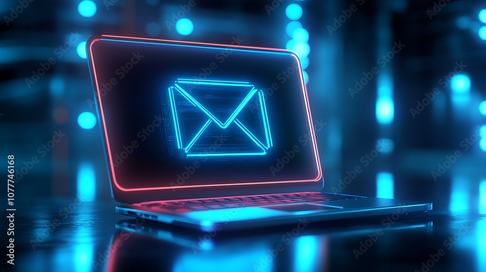 Poster cyber themed laptop with neon email icon and enveloping blue ambient light : generative ai