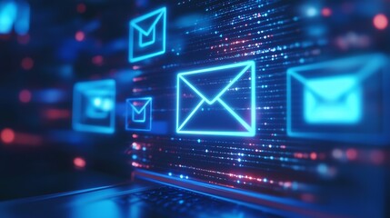 Futuristic Digital Communication Concept with Neon Email Icons on Screen : Generative AI