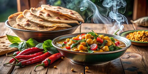 Aromatic Steam Rises From a Bowl of Steaming Chickpea Stew, Accompanied by Warm Flatbreads and Fresh Chili Peppers