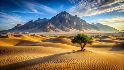 A solitary tree stands tall against the backdrop of towering desert mountains, casting a long shadow on the sun-kissed dunes.
