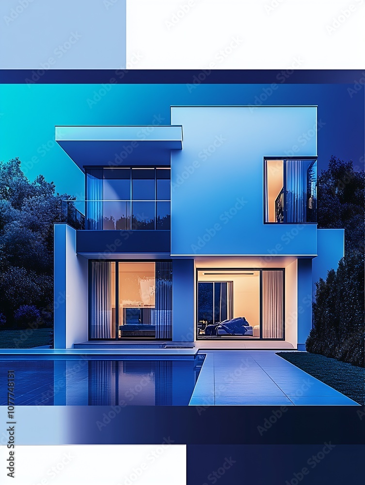Poster stylish modern residence with geometric architecture and large reflective outdoor pool : generative 