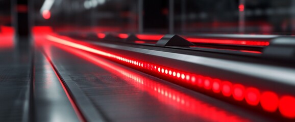 Red LED lights illuminate the edge of a metal platform.