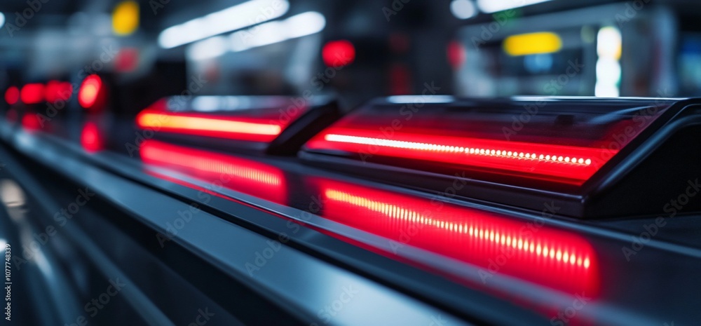 Poster red led lights illuminate the side of a moving walkway in a modern building.