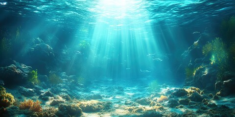 Fototapeta premium underwater scene with rays of light and sun, Underwater blue sea water with sunlight background landscape, banner 