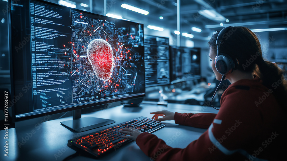 Poster cybersecurity incident response team analyzing data with AI technology. scene showcases focused individual using advanced software to monitor threats and protect systems