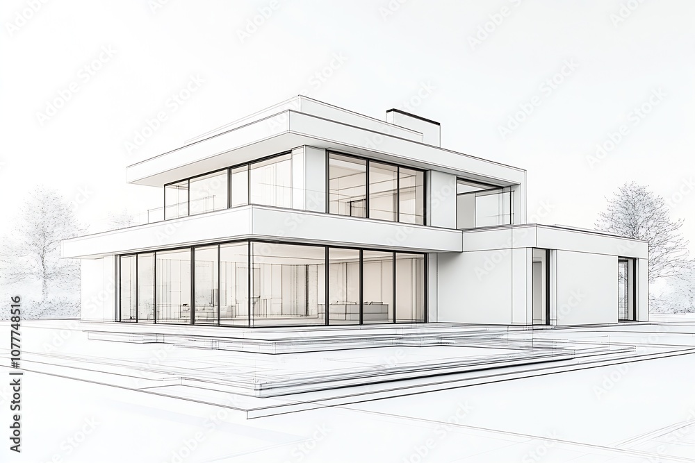 Poster futuristic architectural design of a modern home with expansive glass windows : generative ai