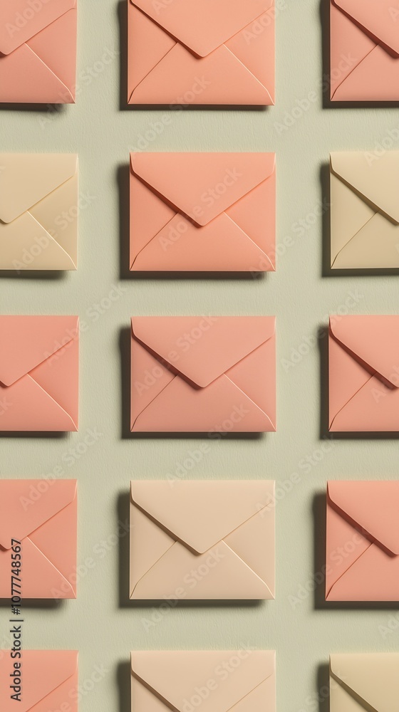 Poster Monochromatic Pastel Envelopes In Symmetrical Grid On Soft Green Wall : Generative AI