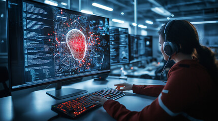 cybersecurity incident response team analyzing data with AI technology. scene showcases focused individual using advanced software to monitor threats and protect systems