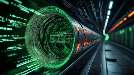 futuristic data network tunnel showcasing quantum cryptography with vibrant green and orange lights, symbolizing secure data transmission and advanced technology