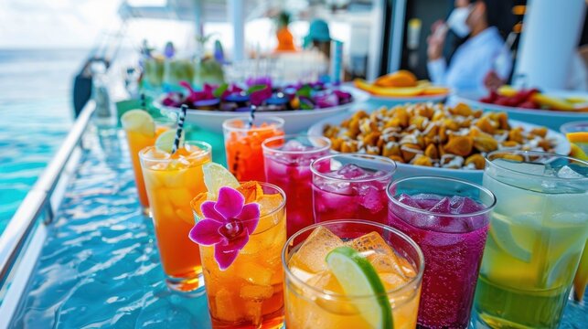 A festive spread of colorful mocktails and snacks served during a nobooze sunset cruise.