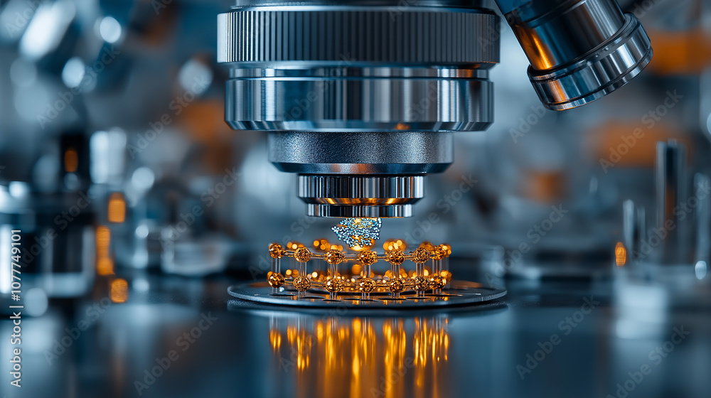 Aufkleber futuristic lab featuring quantum computer analyzing molecular structures under microscope, showcasing advanced technology and innovation