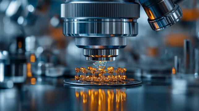 futuristic lab featuring quantum computer analyzing molecular structures under microscope, showcasing advanced technology and innovation
