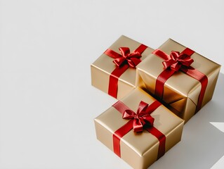 Obraz premium Golden Gifts and Gift Boxes with Red Ribbon Wrapping, Elegant Holiday or Celebration Presents with Festive Wrapping and Ribbon Accents