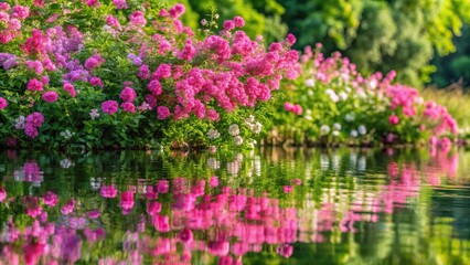 Obraz premium description: A beautiful hedgerow of sweet pea spiraea vanhouttei reflected in water