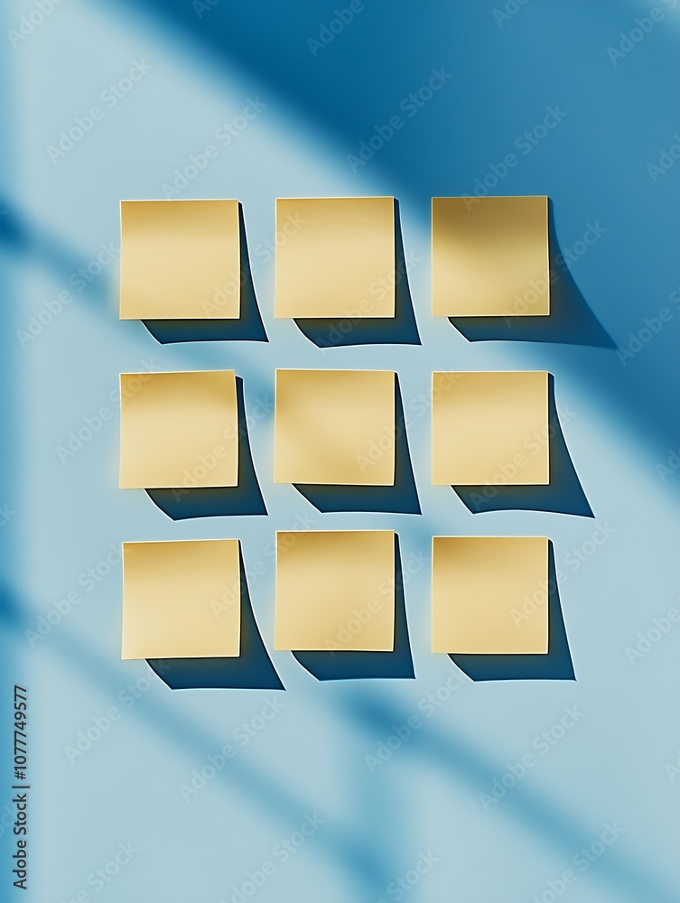 Poster Geometric Grid of Nine Yellow Sticky Notes on Blue Background with Shadow Patterns : Generative AI