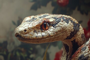 Fototapeta premium Close-up Portrait of a Snake's Head with an Orange Eye