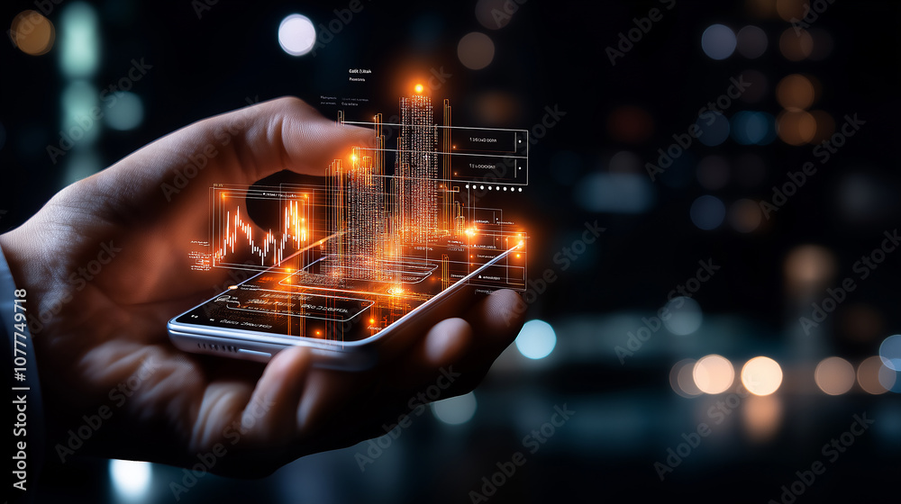 Leinwandbilder person holding smartphone displaying digital financial data and graphs, showcasing modern technology