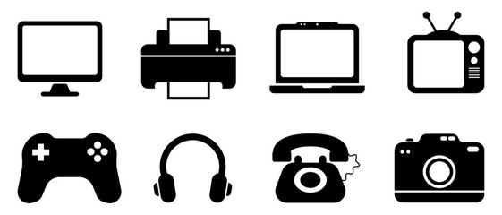 Desktop. printer. camera. laptop. game. headphone. telephone. vector icons.