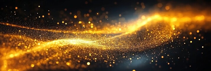 Naklejka premium Digital Gold Particles Wave and light abstract background with shining floor particle stars dust. Futuristic glittering Luxury golden sparkling on black background. 